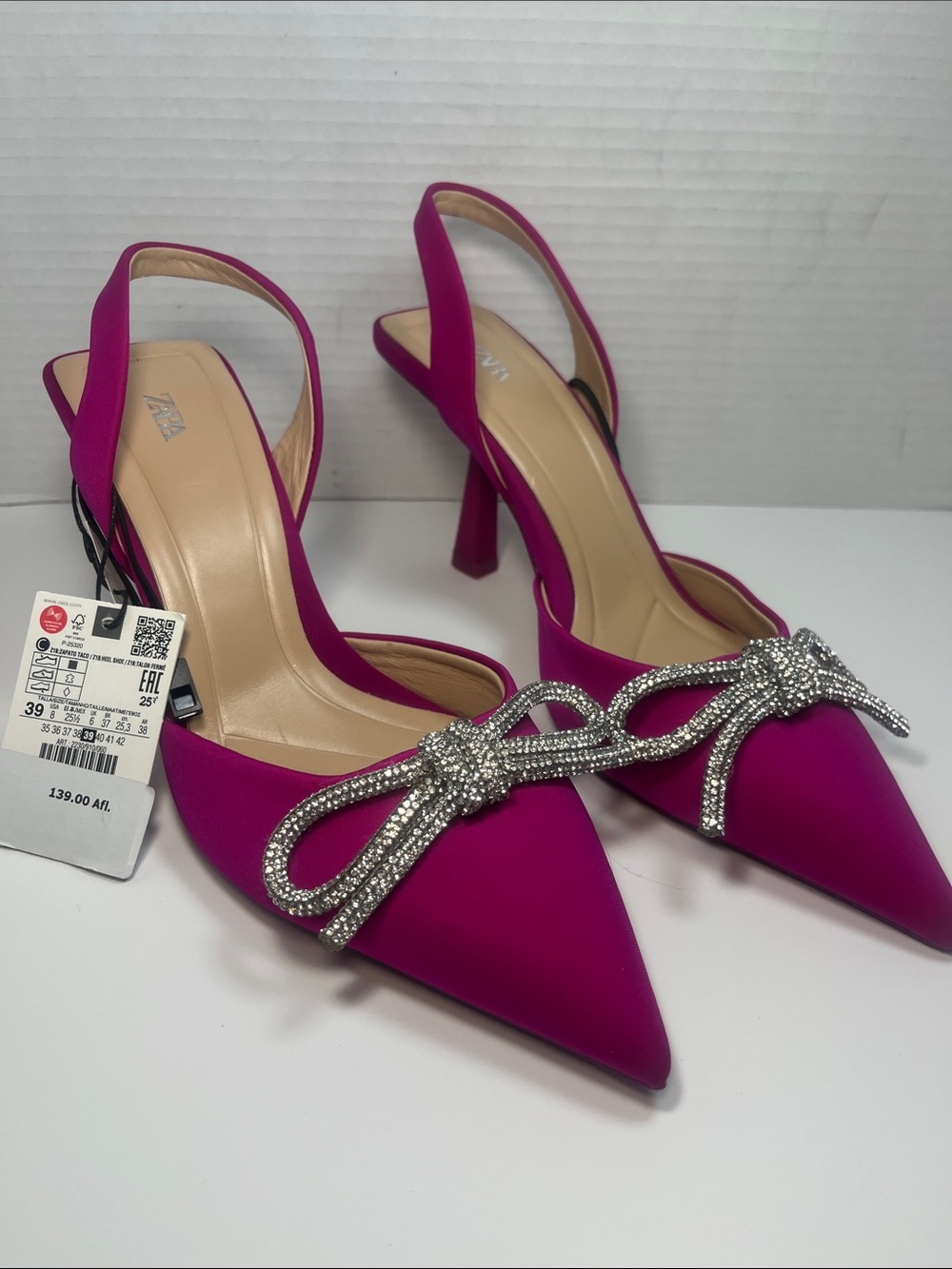 Zara Fuchsia Pointed Slingback Heels with Crystal Knot